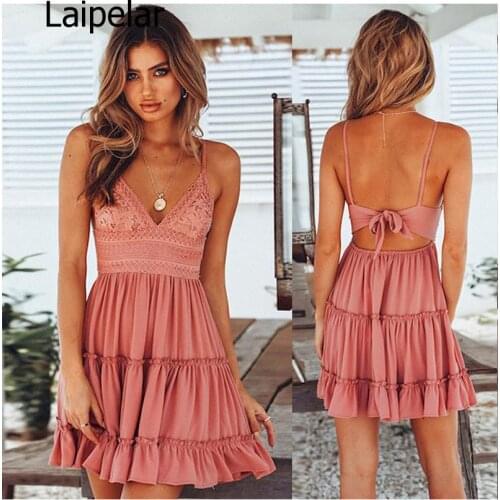 2020 Women Summer Sexy White Lace Backless Spaghetti Strap Dress Casual V-neck Mini Beach Sundress Halter Bow Elegant Dresses