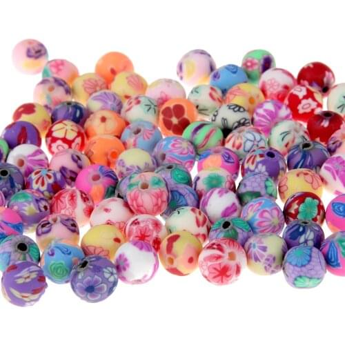 Free shipping (50 Pieces/lot) 8mm Polymer Clay Beads Printing Flower Pattern Round Loose Beads Mix Color For Jewelry Making
