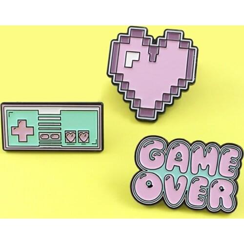 Cartoon Heart Pink Purple Pixel Gamepad Brooches GAME OVER !Brooch Enamel Pins Shirt Lapel Pin for Friends Female Male Badge