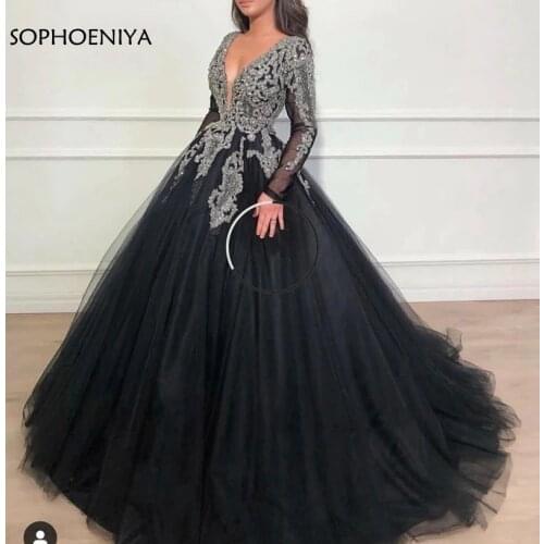 New Arrival V Neck Black muslim evening dress 2021 Full Hand Beading Ball gown evening gowns Dubai Kaftan Prom Party dress
