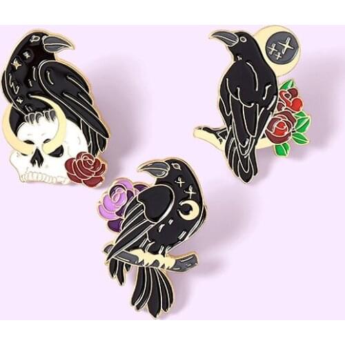 Gothic Crow Enamel Pins Custom Starry Raven Skull Punk Brooches Bag Clothes Lapel Pin Badge Dark Jewelry Gift for Friends