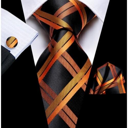 Hi-Tie Mens Tie Set Orange Black Striped Silk Wedding Ties For Men New Fashion Design Quality Hanky Cufflinks Set Dropshipping