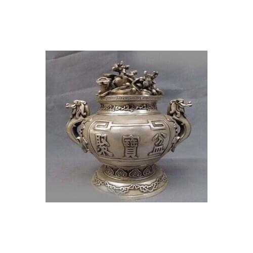 Chinese Folk blanco Copper Silver Lucky dos Dragon God de tesoro Chino Bronce antiguo caleidoscopio Copper Brass