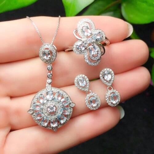 Classic exquisite light blue Aquamarine ring earrings earrings and necklace jewelry set with silver for women