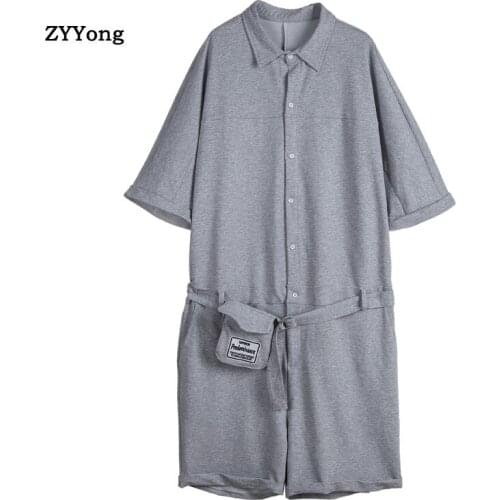 Summer Men Jumpsuit Fashion Solid Color Gray Romper Short Sleeve Casual Overalls One Piece Slim Freight Cargo Pants