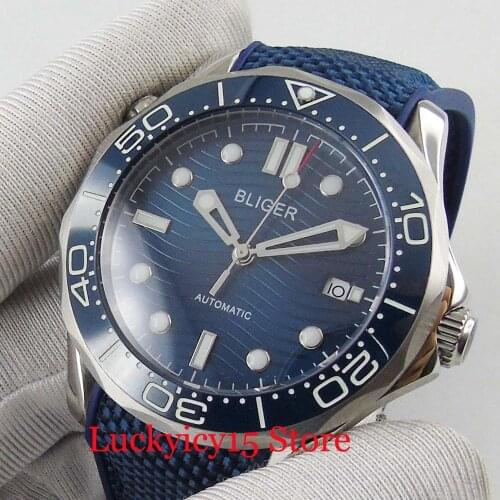 41mm Blue Automatic Mens Watch With Date Window Mechancial Self Winding Movement Rubber Strap Wave Pattern