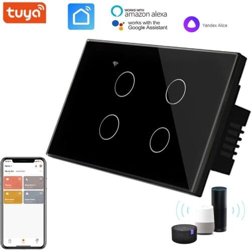 TUYA US Standard Wifi Wall Touch Sensitive Switch Remote Control 1 2 3 4 Gang Wireless Led Light Smart Touch Screen Switch Glass