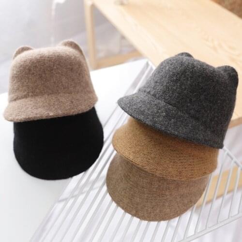 2019 Brand New Winter Warm Kids Baby Girls Cat Ears Wool Derby Bowler Cap Solid 3D Ears Vintage Costume Play Brim Hats Cap