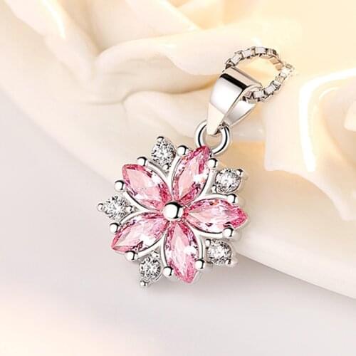 Luxury Cute Flower Pendant Necklace Women Female Fashion Pink White Cubic Zircon Crystal Long Chain Necklace Party Jewelry Gift