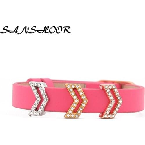 SANSHOOR Clear Crystal Chevron Cut Out Keeper Keys Charms Fit Leather Wrappable Bracelet DiY Pendant Necklace