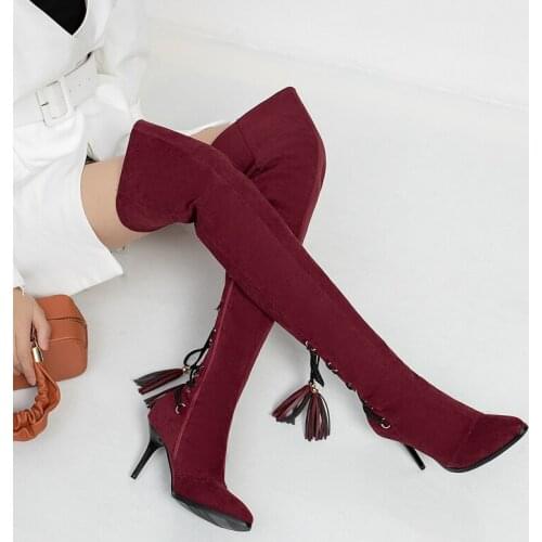 Pointed toe high-heeled over-the-knee boots with tassels and retro suede elasticity thin heels