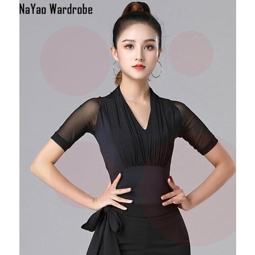 2021 New SS077 Short Sleeve Latin Dance T shirt V Neck Wrinkle Design Women Latin Dancing Clothes Belly Ballroom Tango Dresses