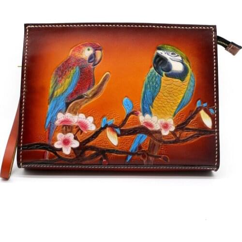 Women Men Vegetable Tanned Leather Bag Money Holder Clutch Purse Hand Carving Plum Blossom Lovers Parrots Clutches Envelope
