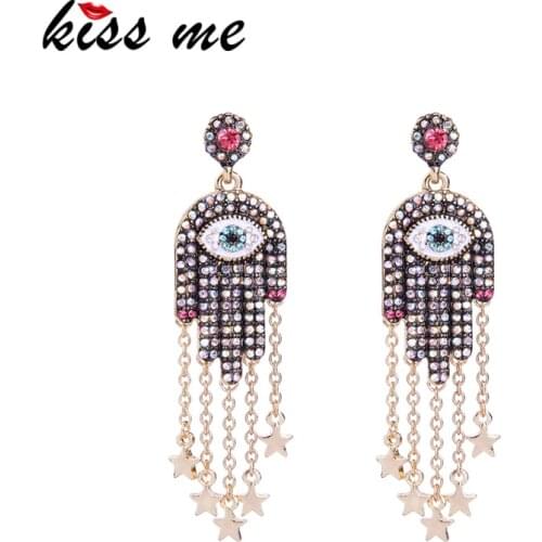 Kissme Colorful Crystal Evil Eye Hand Drop Earrings Gold Color Stars Tassel Earrings Women Vintage Jewelry