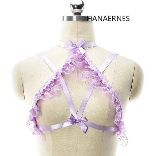 Women Goth Underwear Bondage Lingerie Fetish Tops Crop Bodysuit Harajuku Body Cage Bra Rave Festival Purple Lace Harness Bra