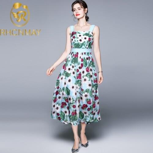High Quality 2021 Summer Bohemian Holiday Dress Women Spaghetti Strap Flower Print Runway Elegant Midi Dress Vestidos