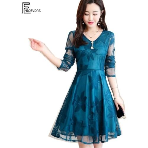 2019 Spring Summer Women Dresses Women Cute Sweet Slim Waist A Line Black Lace Hollow Out See Through Sheer Mesh Party Dress