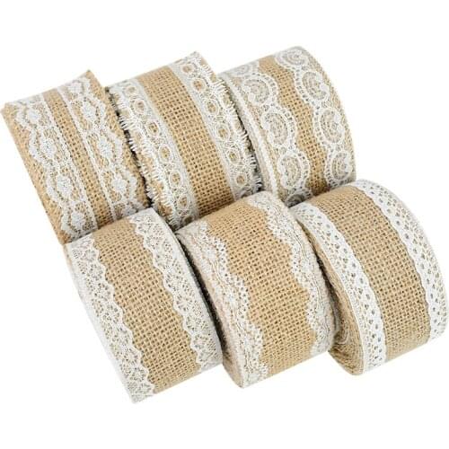 2Meter 5cm Natural Jute Burlap Roll White Lace Hessian Ribbon Lace Trim Table Rustic Wedding Party Decor DIY Craft Gift Wrapping