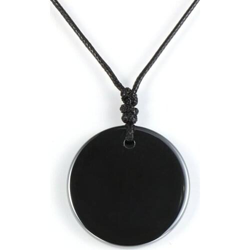 3.2cm Big Round Circle Black Hematite Pendant Necklace For Men Women Fashion Punk Rock Natural Energy Stone Mens Jewelry
