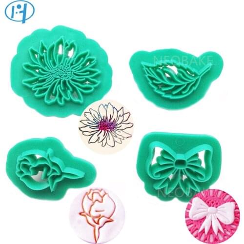 4pcs Plastic Flower Leaves Embosser Cookie Cutters Fondant Biscuit Cutter Cake Decorating Tool Cake Mold Baking Tools