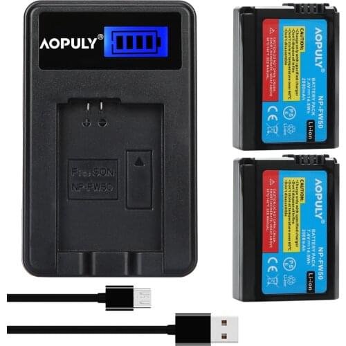 AOPULY 2Pcs 2000mAh NP-FW50 NPFW50 NP FW50 Battery + LCD USB Charger for Sony NEX-5 NEX-7 SLT-A55 A33 A55 A37 A3000 A5000 A6000