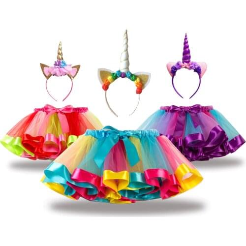 Free Unicorn Headband Princess Tutu Skirt Baby Girls Clothes Rainbow Kids Party Tutu for Girls Skirts Children Ball Gown