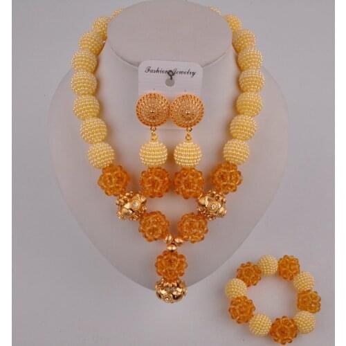Beige african wedding necklace nigerian beads jewelry set crystal and simulated pearl costume necklace FZZ104