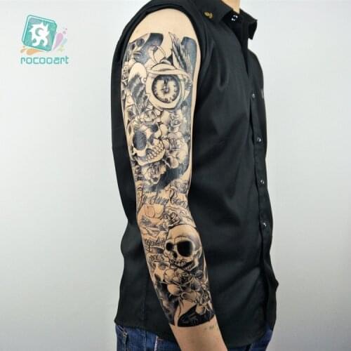Large Full Arm Temporary Tattoo Shoulder Black Terror Skull Waterproof Super Big Sleeve Fake Tattoo Stickers For Men
