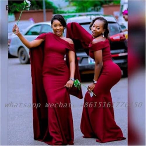 Burgundy African Bridesmaid Dresses 2021 Mermaid One Shoulder Elastic Satin Bridesmaid Dress Plus Size for Women Wedding