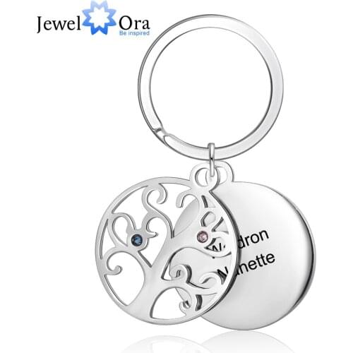 JewelOra Personalized Tree of Life Keychains for Women Men Stainless Steel Customize Birthstone & Name Engrave Key Chain Jewelry