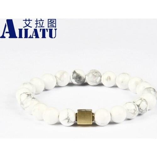 Ailatu Brand Wholesale 10pcs/lot Vintage Antique Color Square Logo Bracelet with Natural White Howlite Marble Stone