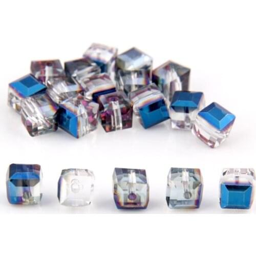 10pcs/lot Magical Rainbow Colorful Crystal Czech Glass Faceted Cube Blue Beads with Straight Hole for Jewelry Making Sewing on