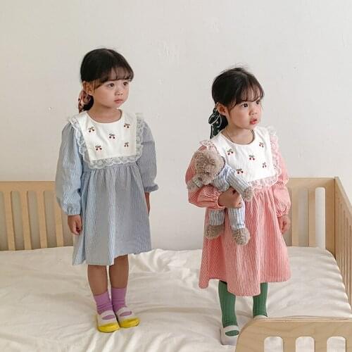 Cherry embroidered Lapel girls dress Korean lace childrens princess dress 2021 autumn childrens wear