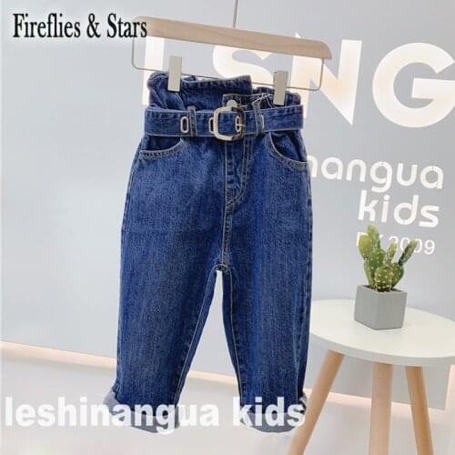 Spring Autumn girls jeans baby denim pants kids trousers children bottoms fashion bud waist medal buckle sashes 4 to 14 yrs