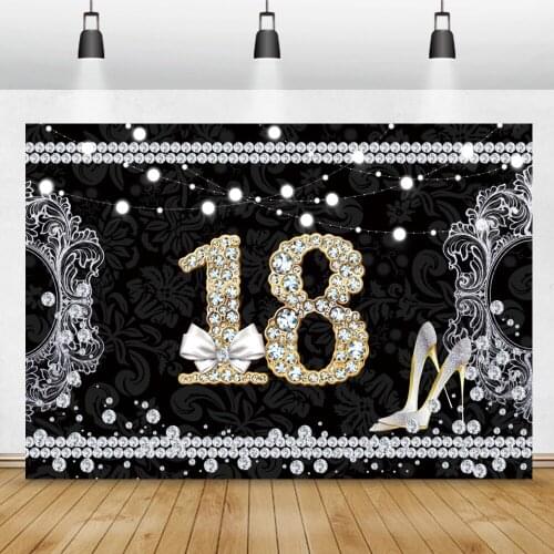 Diamond 18th Birthday Poster Backdrop Pink High Heels Bow Tie Shiny Lights Customized Girl Birthday Party Photography Background