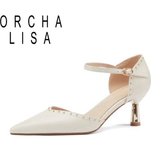 ORCHA LISA Genuine Leather Gentle Woman Gorgeous Shallow Pointed Toe Stiletto High Heels Metal Rivets Studded Strap Pumps B2636