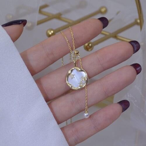 Exquisite Micro Zircon Star Natural Shell Circle Pendant Necklace for Women Jewelry 14K Gold Plated Clavicle Chain Necklace