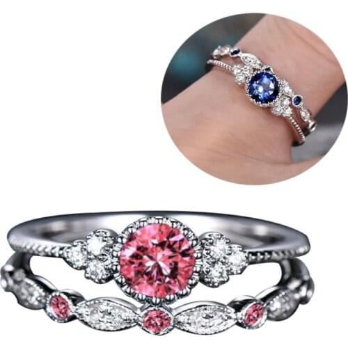 2Pcs/Set Women Cubic Zirconia Inlaid Stackable Finger Ring Wedding Jewelry Gift