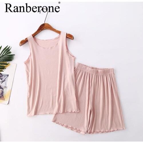 Ranberone 2 Pieces Sets Summer Women Tracksuit Modal Vest Shorts Suit Female Home Service Solid Suit Women Sport Quick Dry 2021