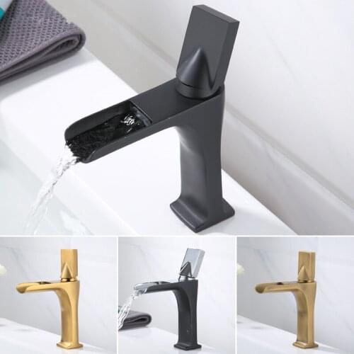 Bathroom Basin Faucet Solid Brass Waterfall Faucet Hot & Cold Single Handle Deck Mounted Sink Mixer Taps Brushed Gold/Black