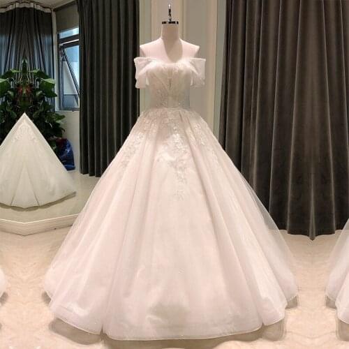 SL-8252 lace ball gown wedding dress 2021 short sleeve elegant beads deep off shoulder bridal wedding gowns for bride dresses