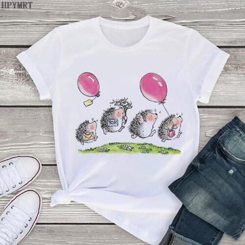 Summer Hedgehog and balloon printed female T-shirt Harajuku womens large size top T shirt fashion tee casual short-sleeve TShirt