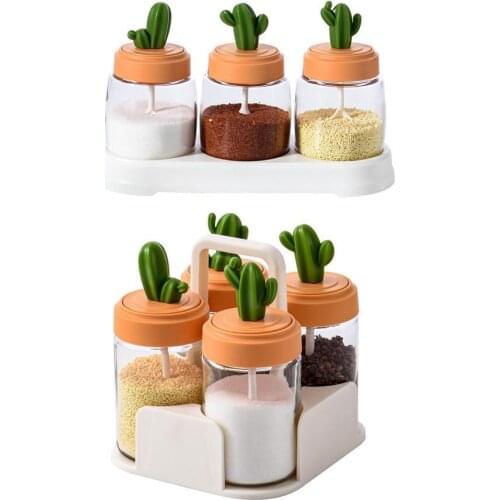 Orange Spice Jar Moisture-proof Food-grade PP Glass Spoon Cap Integrated Condiment Bottle for Kitchen Spice Tools