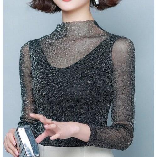 2021 Autumn Long Sleeve T-shirts Loose Turtleneck Mesh Bright Silk Tops Elegant Office Lady Slim Pullover Blusas Gentle 16719