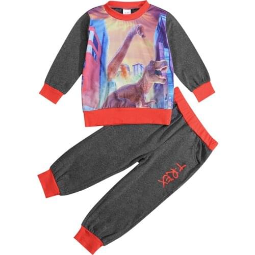 2021 Autumn Winter Baby BoysTwo-piece Set Tollder Boys Dinosaur Print Round Collar Pullover Tops and Long Pants 1-6Years