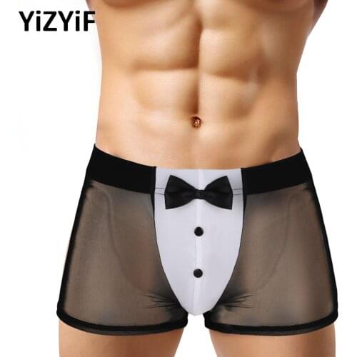 Sexy Men See Through Underwear Black Mesh Transparent Boxer Briefs Servant Sex Cosplay Waiter Tuxedo Lingerie
