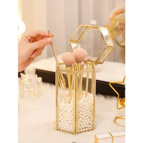 Glass Makeup Brush Holder Jewelry Box Pencil Bucket Perfume Organizer Desktop Cosmetic Storage Container Pearls Barrel With lid