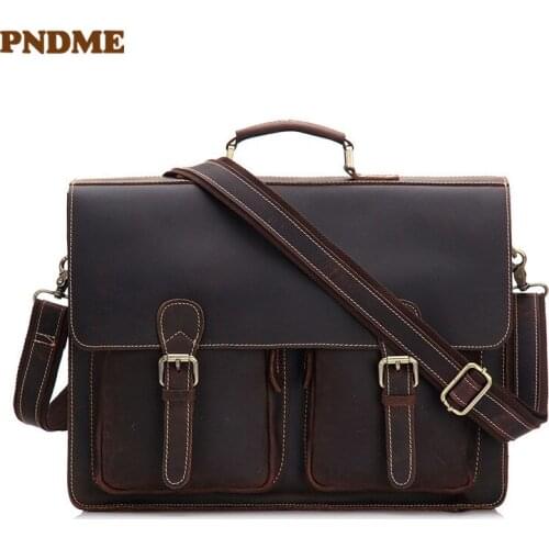 Vintage high quality crazy horse cowhide mens briefcase business handbag natural genuine leather laptop shoulder messenger bags