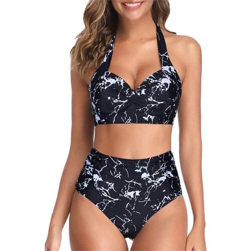 Vintage High Waist Bikini 2021 Mujer Swimsuit Two Piece Swimwear Women Retro Halter Ruched High Waist Print Bikini Set Tankini