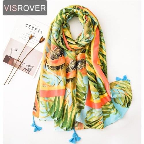 Visrover New Tropical Print Scarves Papaya Wrap Luxury Brand Hijab Scarf Summer For Women Green Scarf Leaf Shawl Pareo Ponch